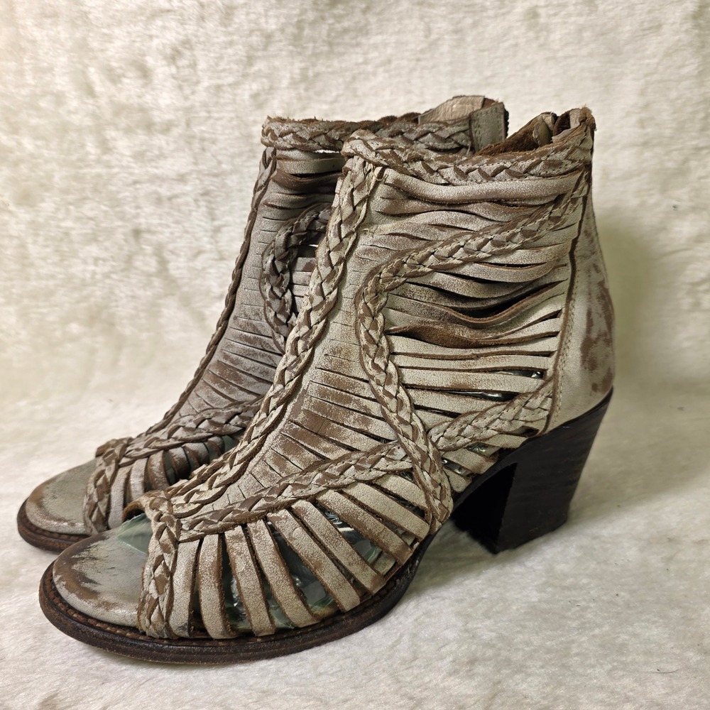 Freebird Bela Woven Leather Heeled Sandal Ankle Booties Grey Ivory Women 9